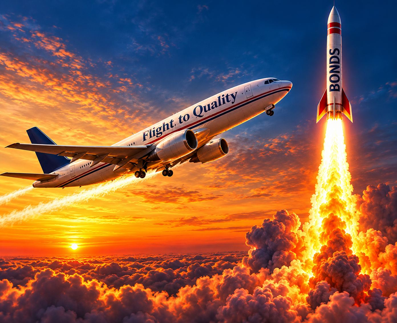 Airplane labeled Flight to Quality ascending alongside a vertical BONDS rocket